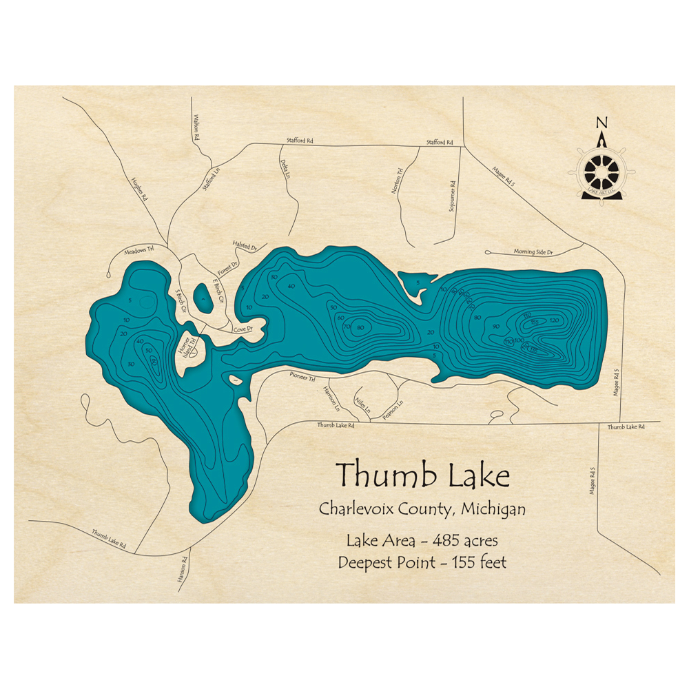 Bathymetric topo map of Lake Louise - Thumb Lake, MI with roads, towns and depths noted in blue water.