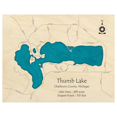 Bathymetric topo map of Lake Louise - Thumb Lake, MI with roads, towns and depths noted in blue water.