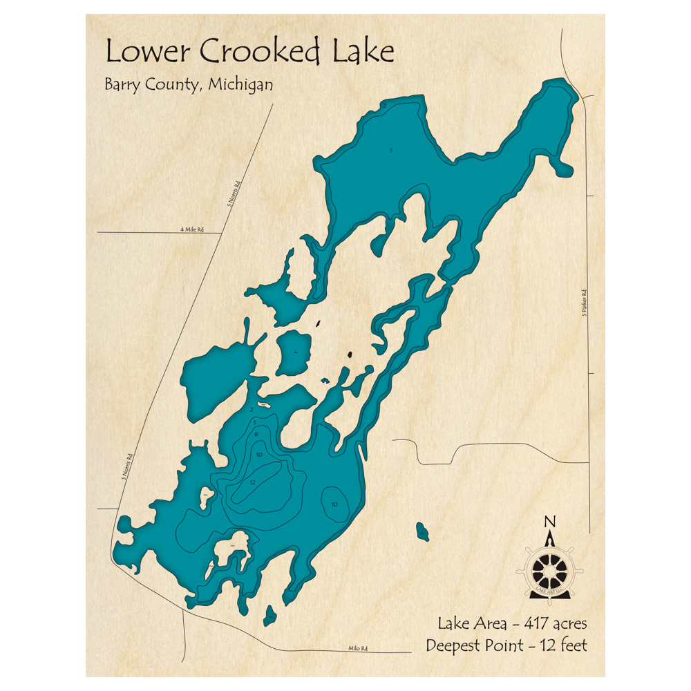 Bathymetric topo map of Lower Crooked Lake, MI with roads, towns and depths noted in blue water.