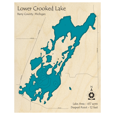 Bathymetric topo map of Lower Crooked Lake, MI with roads, towns and depths noted in blue water.
