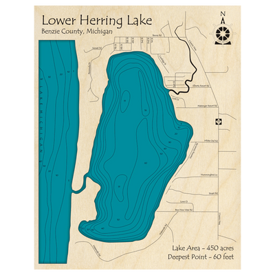 Bathymetric topo map of Lower Herring Lake, MI with roads, towns and depths noted in blue water.