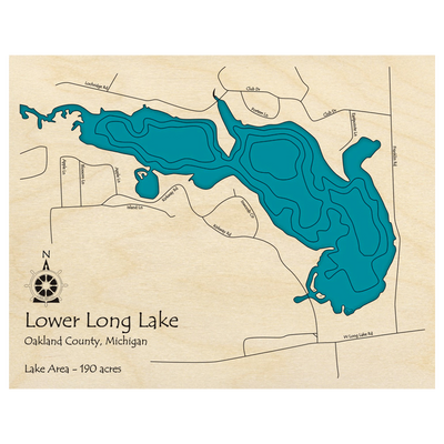Bathymetric topo map of Lower Long Lake, MI with roads, towns and depths noted in blue water.
