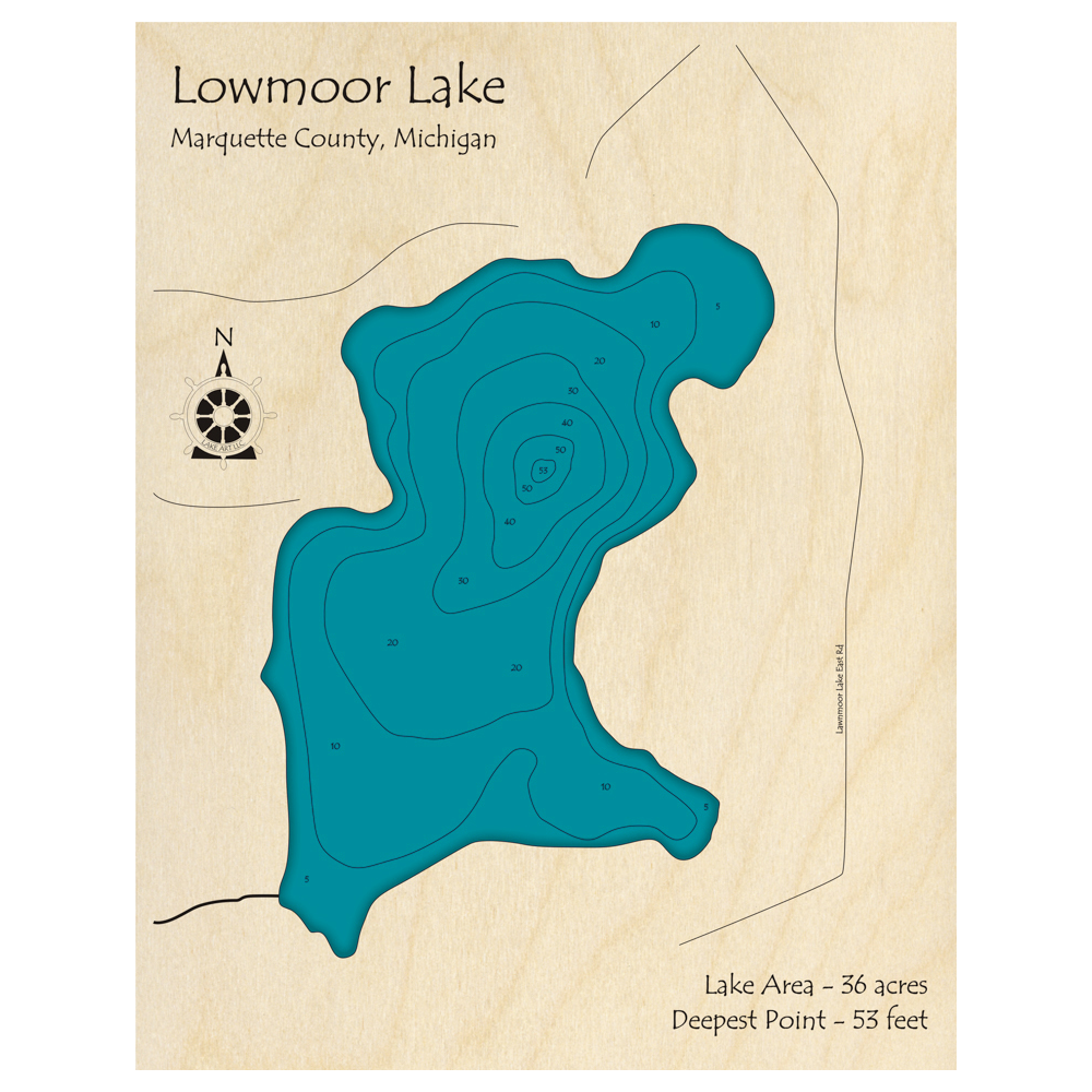 Bathymetric topo map of Lowmoor Lake, MI with roads, towns and depths noted in blue water.