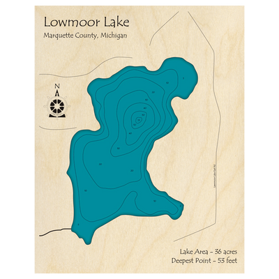 Bathymetric topo map of Lowmoor Lake, MI with roads, towns and depths noted in blue water.