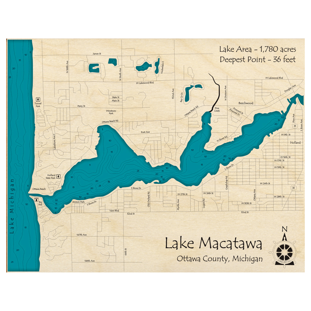 Bathymetric topo map of Lake Macatawa, MI with roads, towns and depths noted in blue water.
