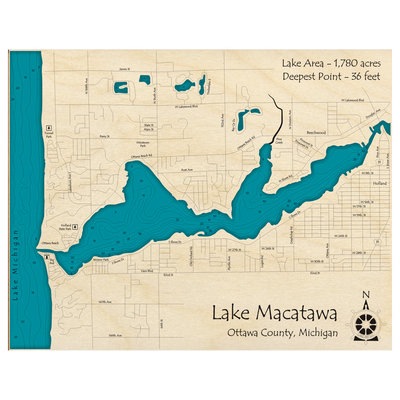 Bathymetric topo map of Lake Macatawa, MI with roads, towns and depths noted in blue water.