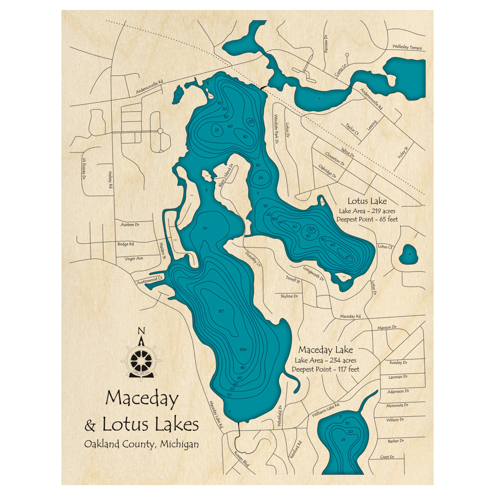 Bathymetric topo map of Maceday Lake, MI with roads, towns and depths noted in blue water.