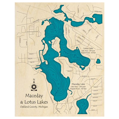 Bathymetric topo map of Maceday Lake, MI with roads, towns and depths noted in blue water.