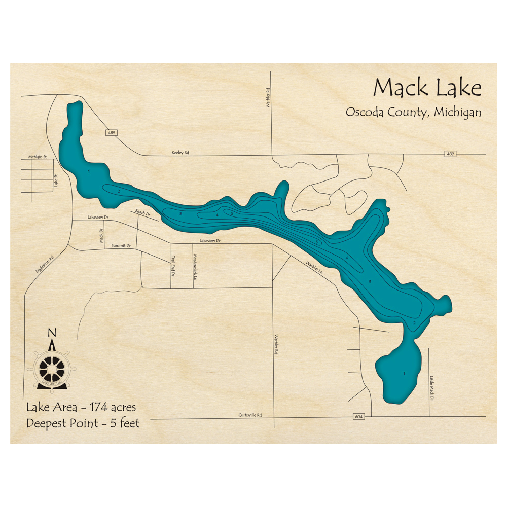 Bathymetric topo map of Mack Lake, MI with roads, towns and depths noted in blue water.