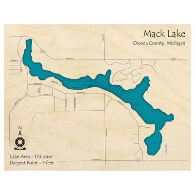 Bathymetric topo map of Mack Lake, MI with roads, towns and depths noted in blue water.