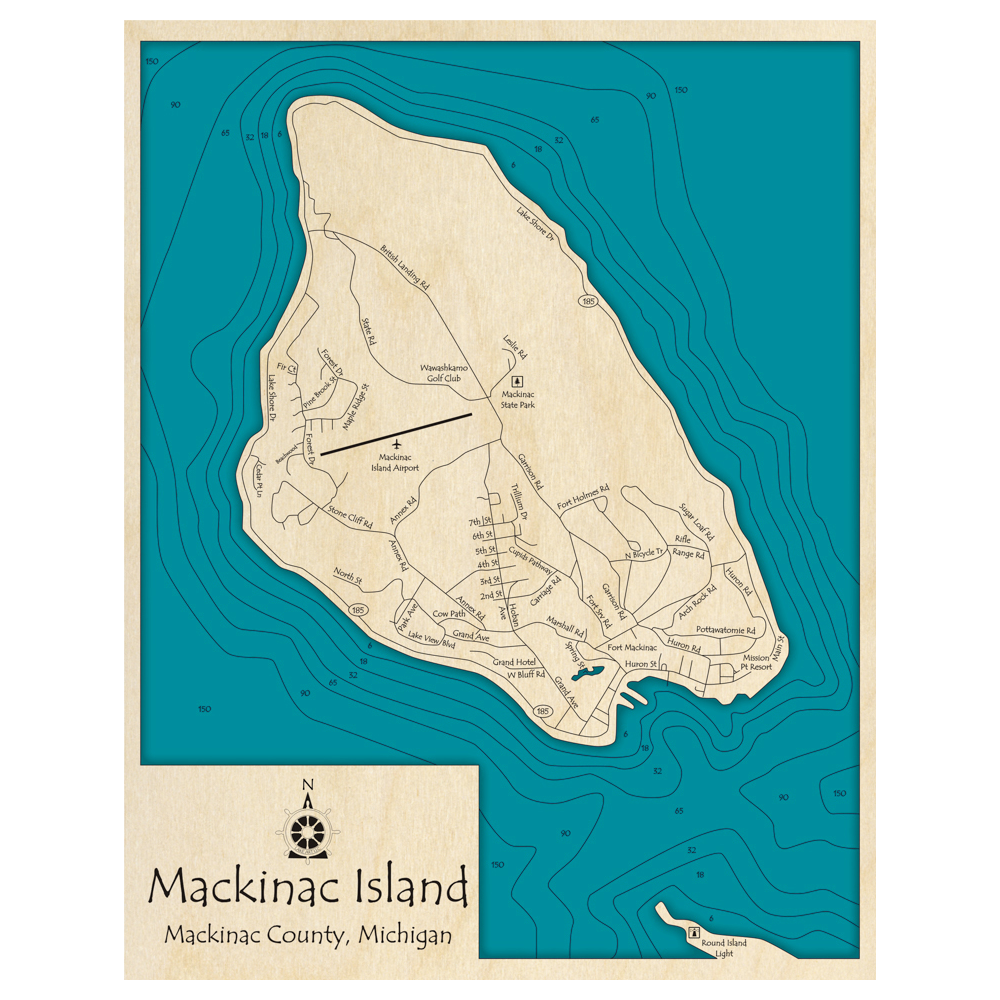 Bathymetric topo map of Mackinac Island, MI with roads, towns and depths noted in blue water.