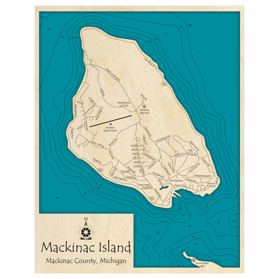 Bathymetric topo map of Mackinac Island, MI with roads, towns and depths noted in blue water.