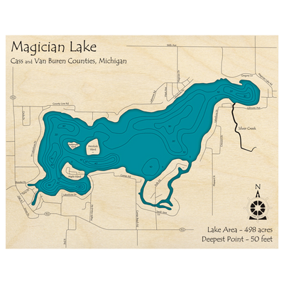 Bathymetric topo map of Magician Lake, MI with roads, towns and depths noted in blue water.