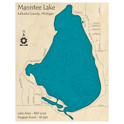 Bathymetric topo map of Manistee Lake, MI with roads, towns and depths noted in blue water.