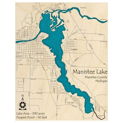 Bathymetric topo map of Manistee Lake, MI with roads, towns and depths noted in blue water.