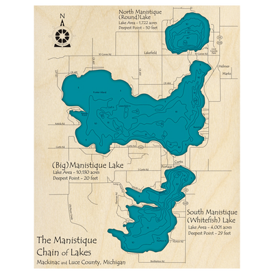 Bathymetric topo map of Manistique Chain of Lakes, MI with roads, towns and depths noted in blue water.