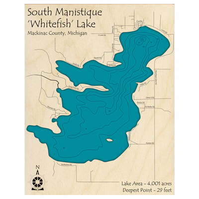 Bathymetric topo map of Manistique Lake, MI with roads, towns and depths noted in blue water.