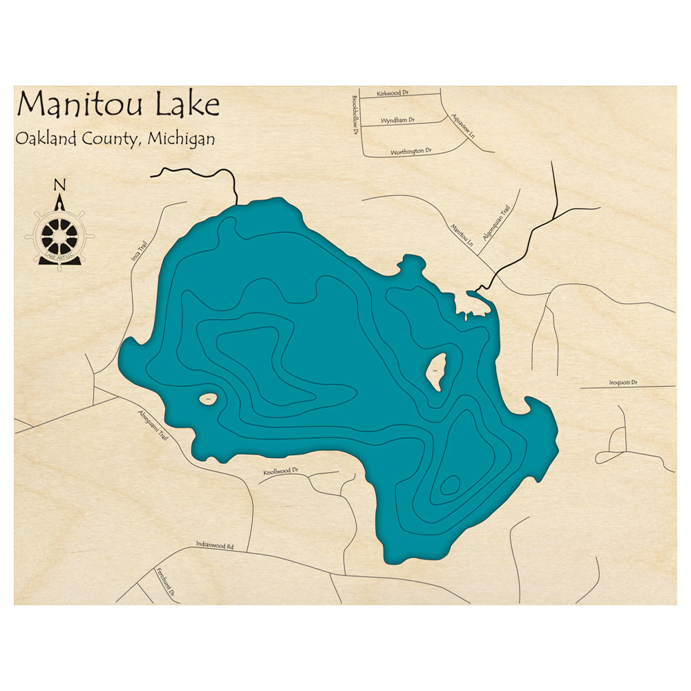 Bathymetric topo map of Manitou Lake, MI with roads, towns and depths noted in blue water.