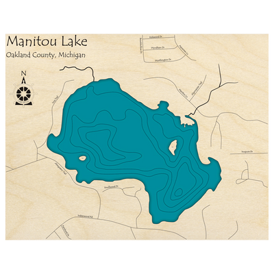 Bathymetric topo map of Manitou Lake, MI with roads, towns and depths noted in blue water.