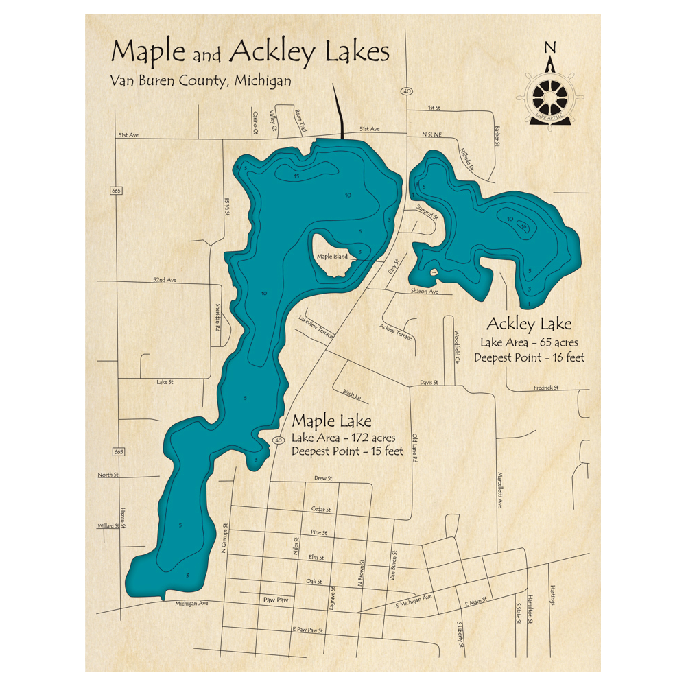 Bathymetric topo map of Maple Lake, MI with roads, towns and depths noted in blue water.