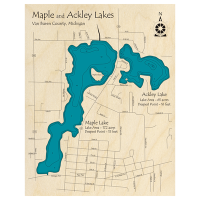 Bathymetric topo map of Maple Lake, MI with roads, towns and depths noted in blue water.