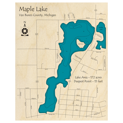 Bathymetric topo map of Maple Lake, MI with roads, towns and depths noted in blue water.