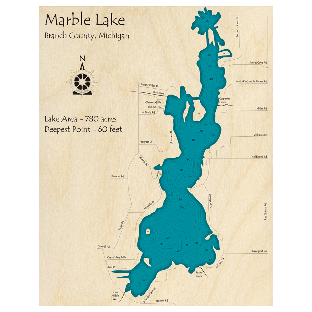 Bathymetric topo map of Marble Lake, MI with roads, towns and depths noted in blue water.