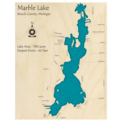 Bathymetric topo map of Marble Lake, MI with roads, towns and depths noted in blue water.