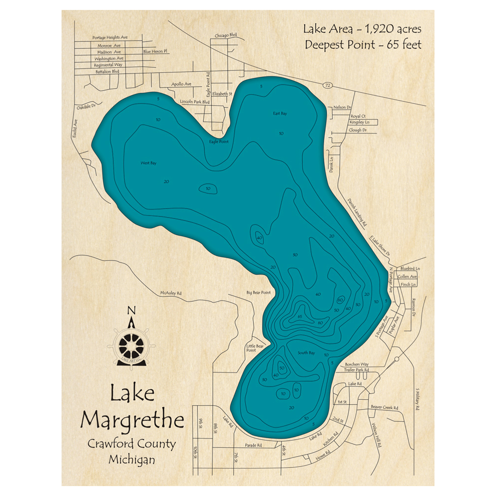 Bathymetric topo map of Lake Margrethe, MI with roads, towns and depths noted in blue water.