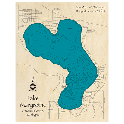 Bathymetric topo map of Lake Margrethe, MI with roads, towns and depths noted in blue water.