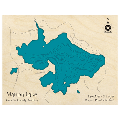 Bathymetric topo map of Marion Lake, MI with roads, towns and depths noted in blue water.