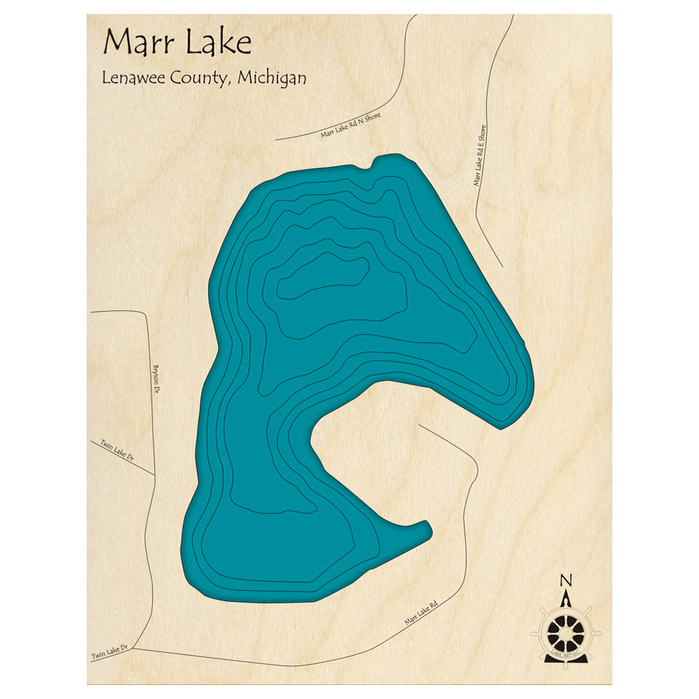 Bathymetric topo map of Marr Lake, MI with roads, towns and depths noted in blue water.