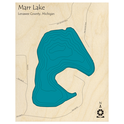 Bathymetric topo map of Marr Lake, MI with roads, towns and depths noted in blue water.