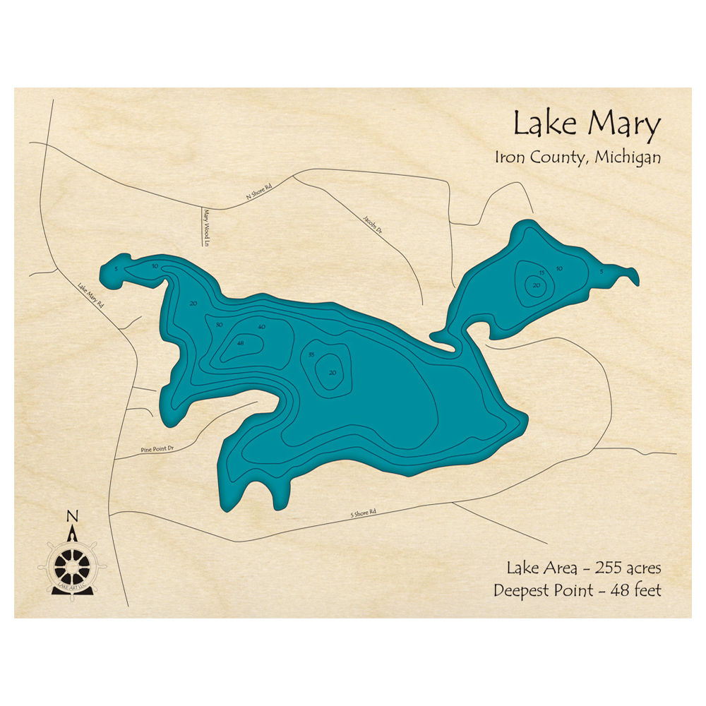 Bathymetric topo map of Lake Mary, MI with roads, towns and depths noted in blue water.