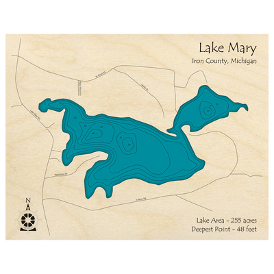 Bathymetric topo map of Lake Mary, MI with roads, towns and depths noted in blue water.