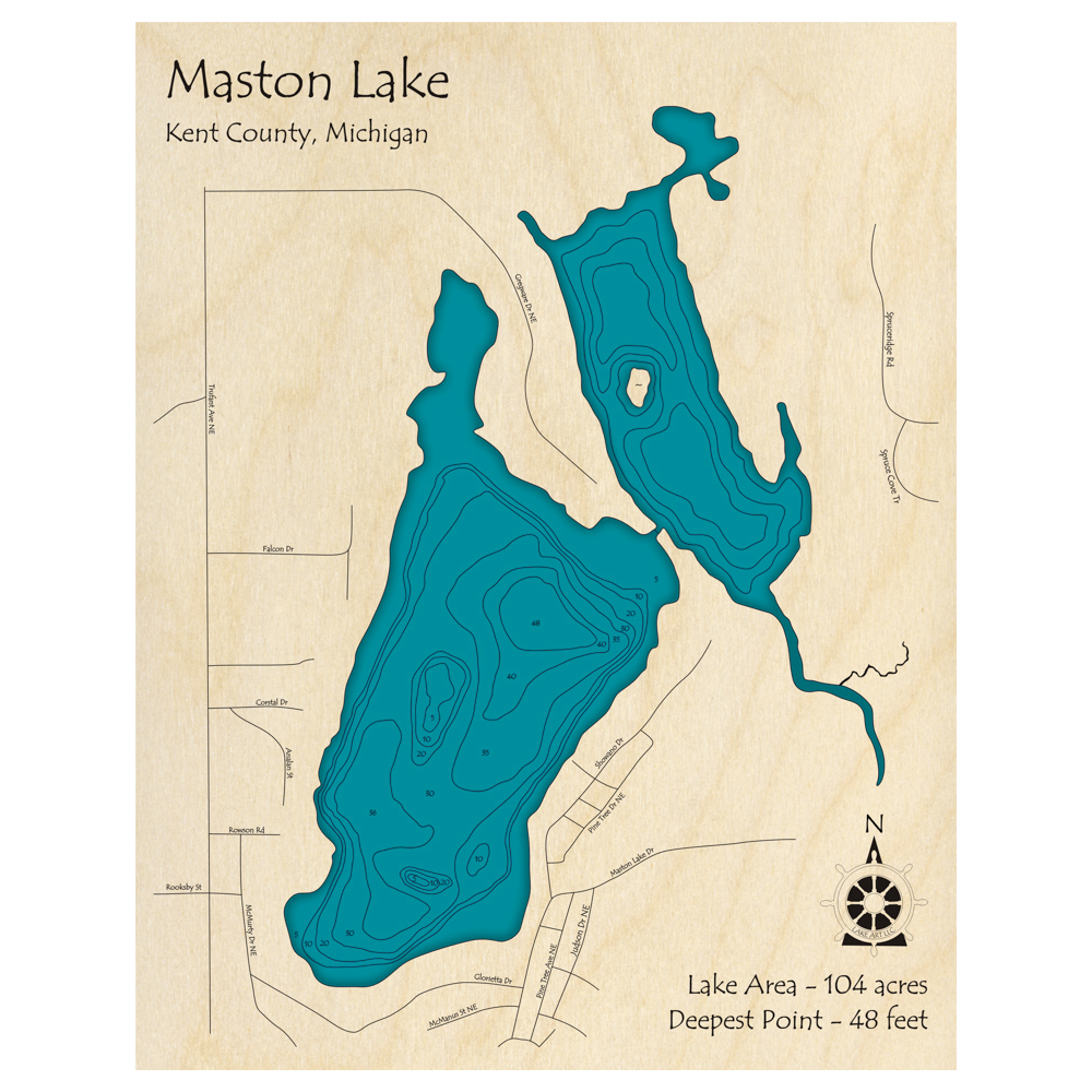 Bathymetric topo map of Maston Lake, MI with roads, towns and depths noted in blue water.