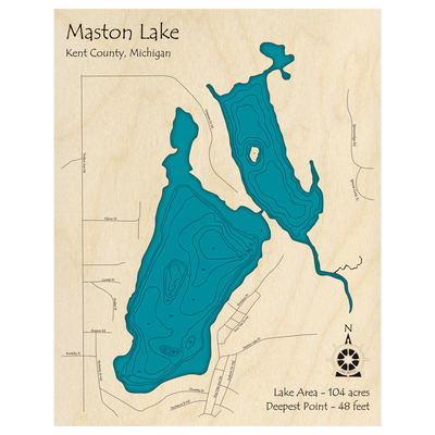 Bathymetric topo map of Maston Lake, MI with roads, towns and depths noted in blue water.