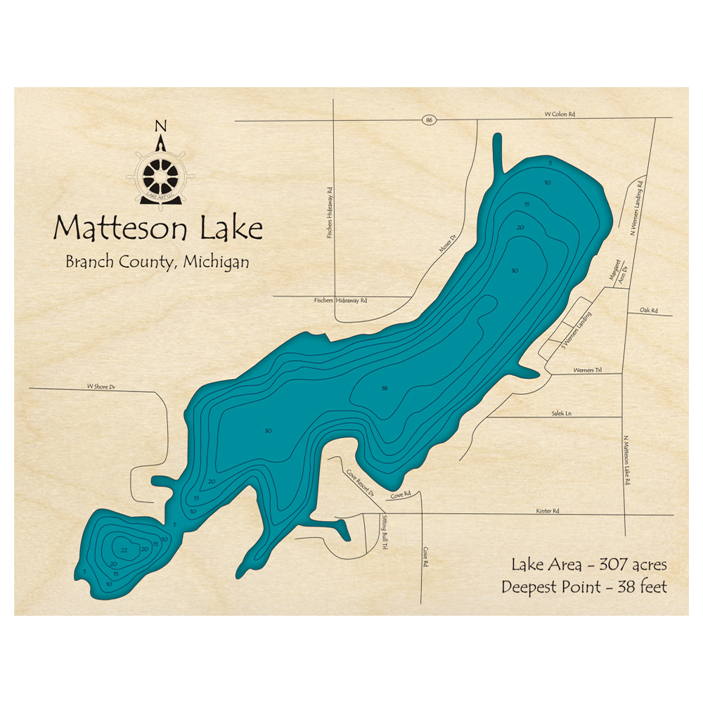 Bathymetric topo map of Matteson Lake, MI with roads, towns and depths noted in blue water.