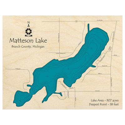 Bathymetric topo map of Matteson Lake, MI with roads, towns and depths noted in blue water.
