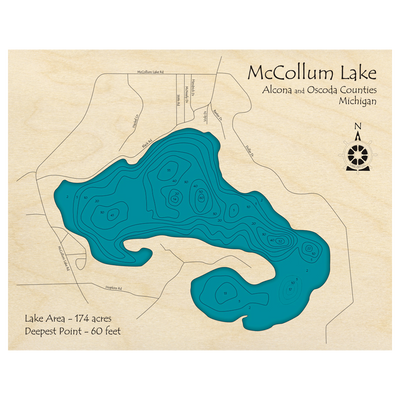 Bathymetric topo map of McCollum Lake, MI with roads, towns and depths noted in blue water.