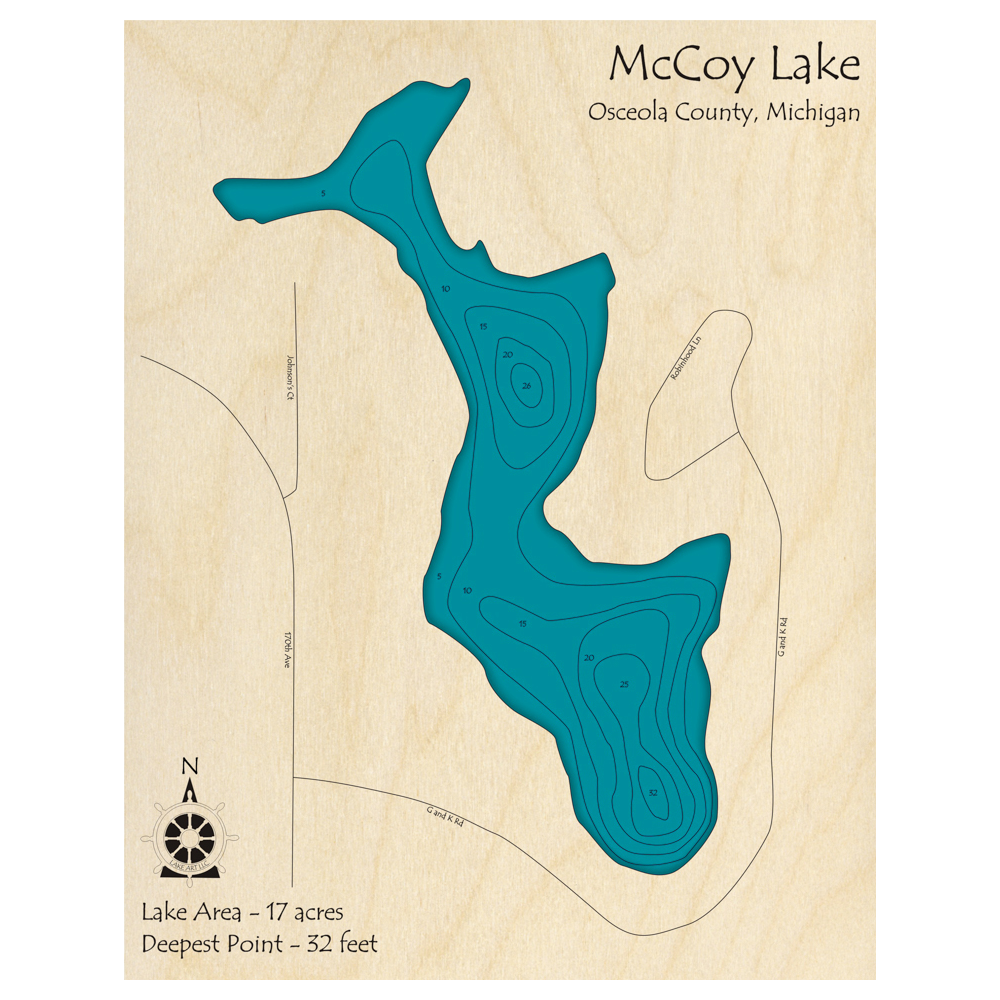 Bathymetric topo map of McCoy Lake, MI with roads, towns and depths noted in blue water.