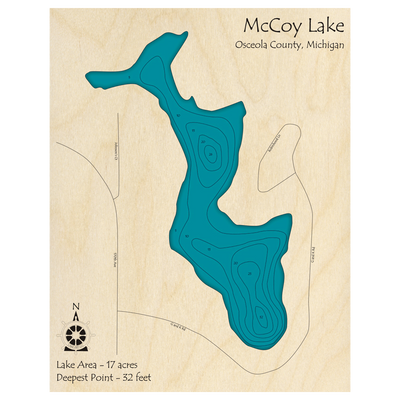 Bathymetric topo map of McCoy Lake, MI with roads, towns and depths noted in blue water.
