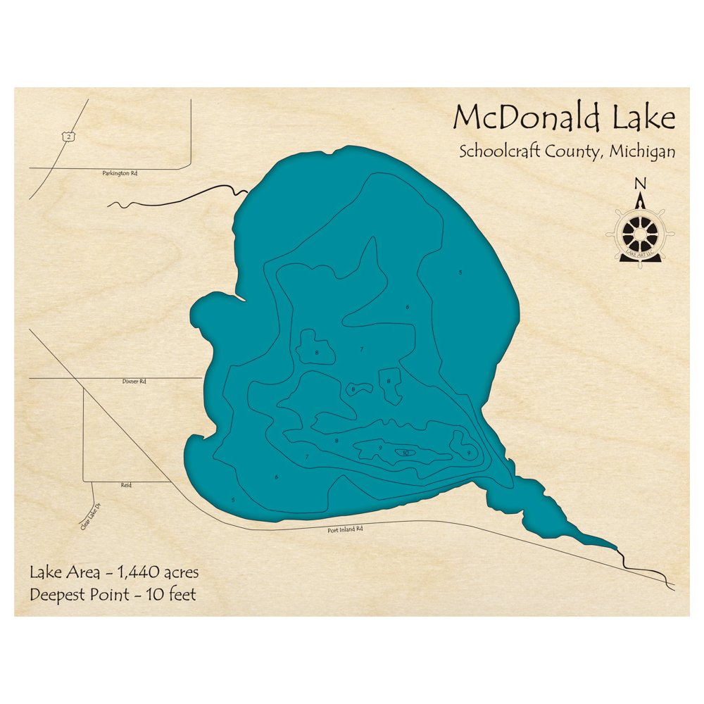 Bathymetric topo map of McDonald Lake, MI with roads, towns and depths noted in blue water.