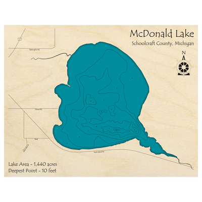 Bathymetric topo map of McDonald Lake, MI with roads, towns and depths noted in blue water.