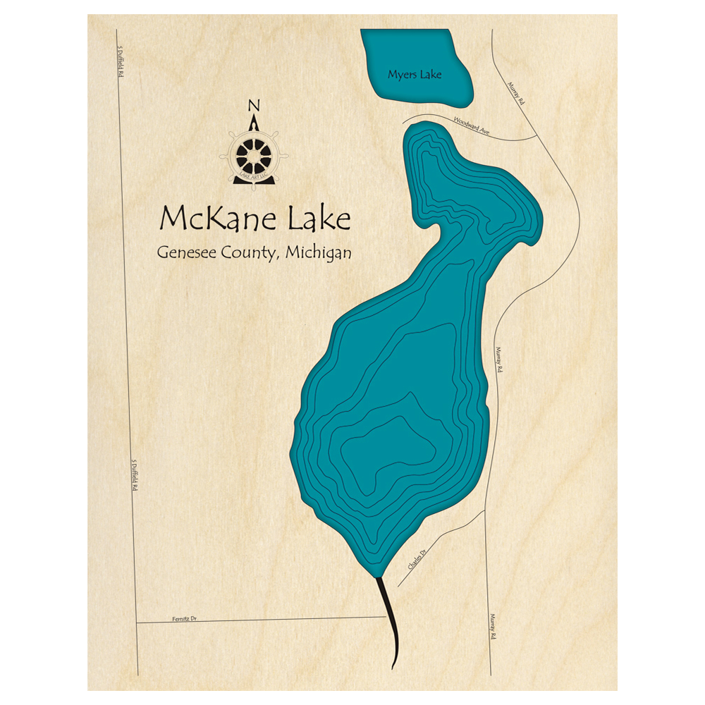Bathymetric topo map of McKane Lake, MI with roads, towns and depths noted in blue water.