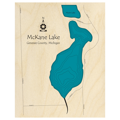 Bathymetric topo map of McKane Lake, MI with roads, towns and depths noted in blue water.