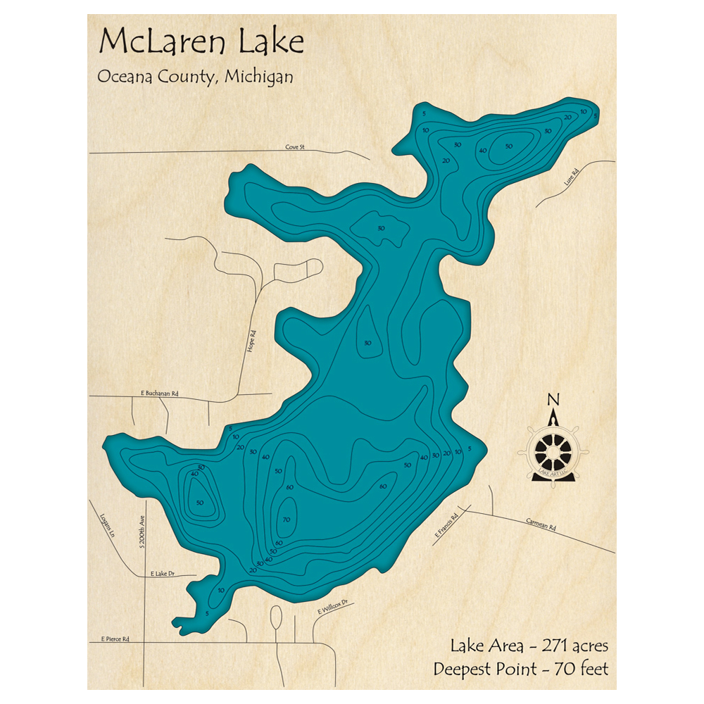 Bathymetric topo map of McLaren Lake, MI with roads, towns and depths noted in blue water.