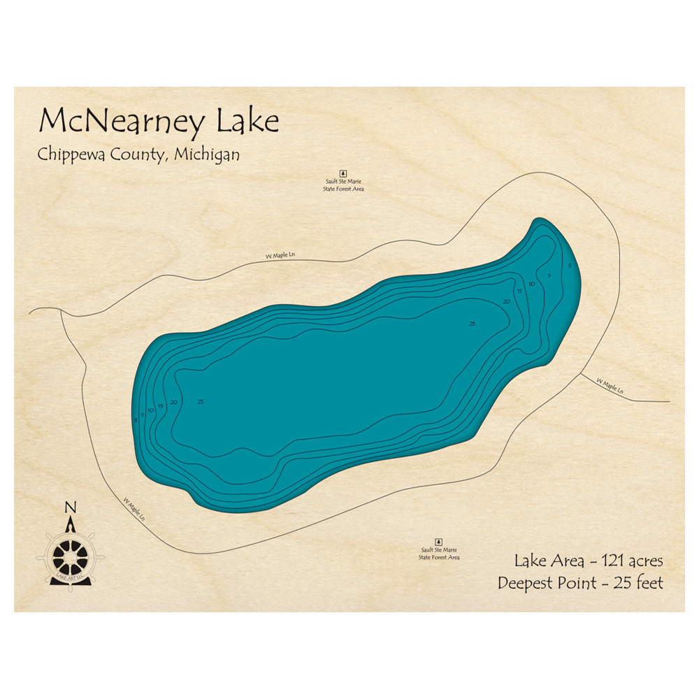 Bathymetric topo map of McNearney Lake, MI with roads, towns and depths noted in blue water.
