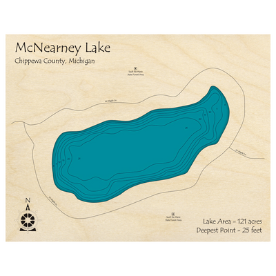 Bathymetric topo map of McNearney Lake, MI with roads, towns and depths noted in blue water.