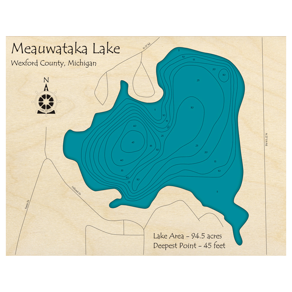 Bathymetric topo map of Meauwataka Lake, MI with roads, towns and depths noted in blue water.